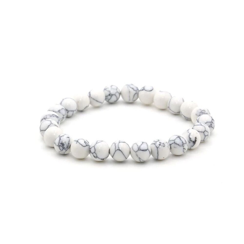 7" 8mm Genuine White Howlite Bead Stone Women's Stretch Bracelet